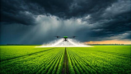 Obraz premium Drone spraying crops in large green farmland with dramatic stormy sky at sunset 