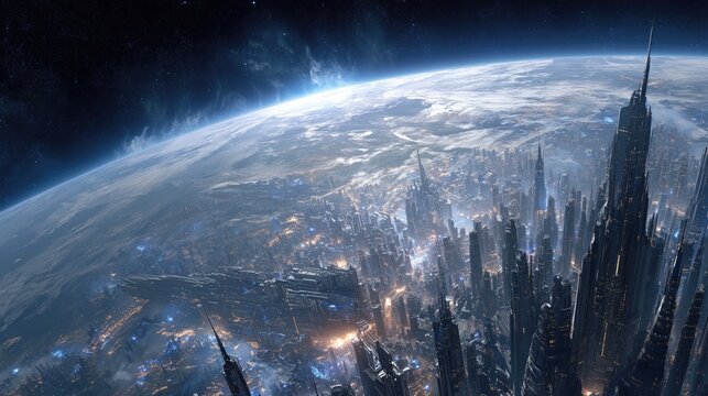 Futuristic cityscape with towering skyscrapers under a starry night sky, visible from Earth's orbit illustrating innovation and growth.