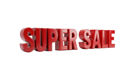 Bold, vibrant deep red, glossy 3D volumetric 'SUPER SALE' text on a pristine, highly reflective white surface with sharp shadows, against a transparent background, high-impact retail promotion