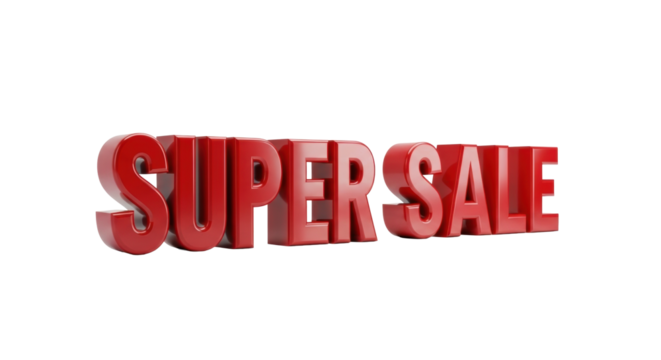 Bold, vibrant deep red, glossy 3D volumetric 'SUPER SALE' text on a pristine, highly reflective white surface with sharp shadows, against a transparent background, high-impact retail promotion