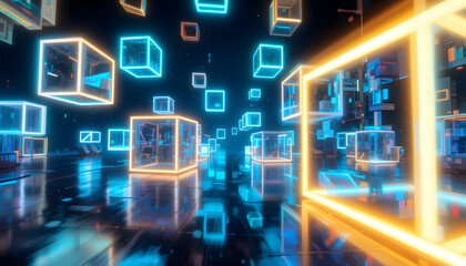 Dynamic glowing cubes create a futuristic digital metaverse space with vibrant neon lights and reflections.
