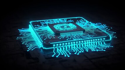 Glowing blue futuristic AI microprocessor chip with digital data streams on a complex circuit board - Powered by Adobe