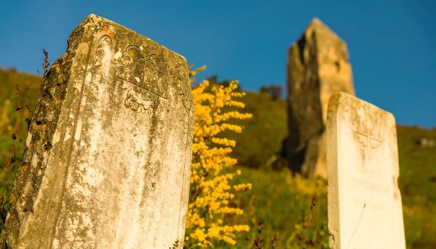 Aged stone markers in a hillside graveyard, blurred tower in background, vibrant yellow flowers
