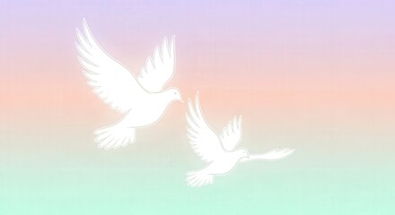 Obraz premium Two white doves flying in a pastel colored sky, symbol of peace