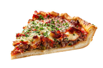 Delicious cheesy pizza slice with green herbs representing Italian cuisine and fast food.