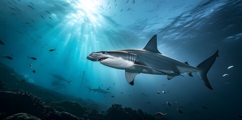 Obraz premium Great white shark swimming in the ocean with sun rays shining through water