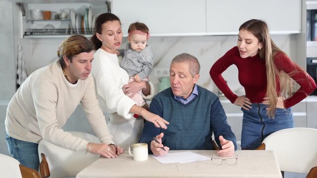 Family members giving advice to old man and discussing inheritance. Family members discussing inheritance. High quality 4k footage