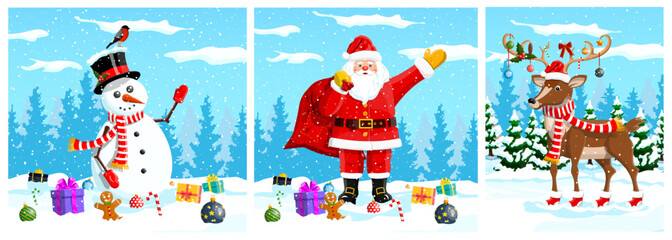 Snowman, Santa Claus and reindeer standing on snow. Winter characters set. Christmas and New Year holiday. Celebration background.