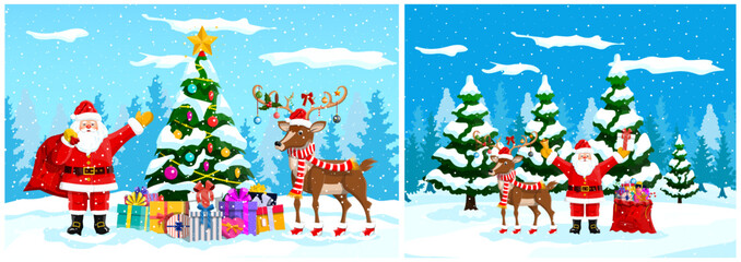 Santa Claus with a bag of gifts and a reindeer in a snowy forest. Christmas holiday scene, winter wonderland concept for greeting card.