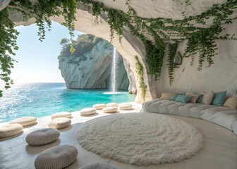 Obraz na płótnie Canvas Luxury cave house with ocean view waterfall and natural stone interior design travel destination