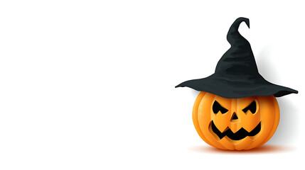 A spooky Halloween pumpkin wearing a witch's hat, set against a plain white background