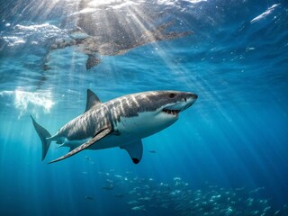Fototapeta premium Great white shark swimming underwater in blue ocean with sunlight rays marine wildlife concept