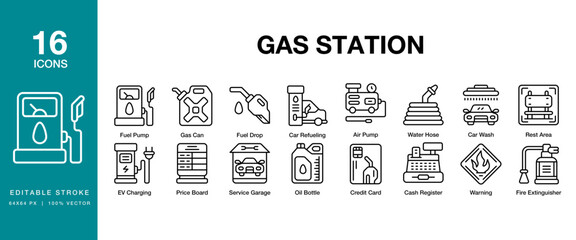 Gas Station icon set. Includes gas, station, service, automobile, vehicle, and More. Editable Stroke Icon Collection.