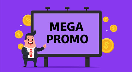 Cartoon Businessman Pointing at Mega Promo Billboard