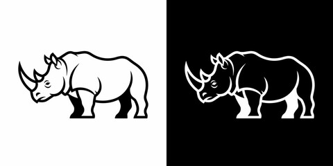 Black and white rhinoceros standing in profile isolated flat illustration logo