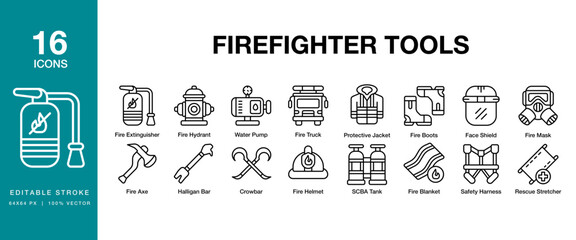 Firefighter Tools icon set. Includes firefighter, emergency, equipment, rescue, and More. Editable Stroke Icon Collection.