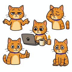 Cute cartoon orange cat sticker set with different emotions. Funny pet character collection for chat.