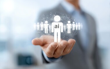 Businessman's hand holds a holographic AI person icon surrounded by other people icons