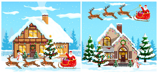 Santa Claus on sleigh with reindeer delivering gifts near house and flying above. Christmas holiday and Happy New Year concept.