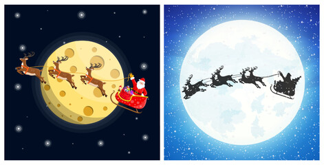 Man Santa flying on sleigh with reindeer team in front of full moon and silhouette on blue winter sky background. Christmas eve concept for greeting card. © absent84