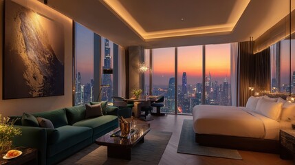 Luxurious hotel room with stunning Dubai skyline view at sunset