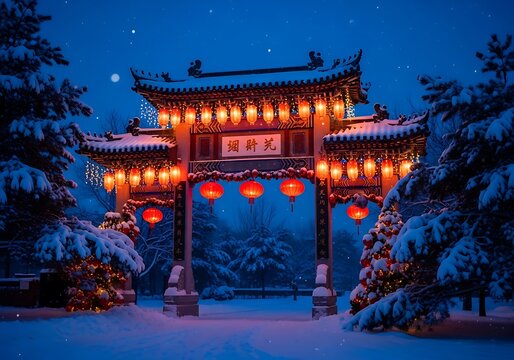 Traditional chinese gate at night illuminated by lanterns and snow - Powered by Adobe