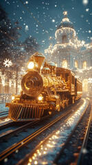 Obraz premium Concept of a golden train decorated with Christmas lights and snowflakes moving along tracks in front of an elegant white palace, creating a festive 2026 Christmas and New Year card. copy space