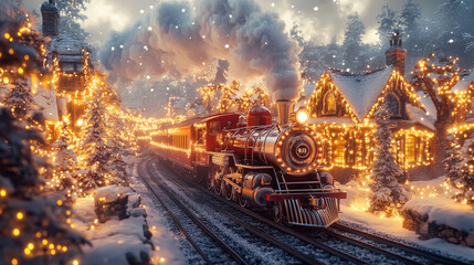 Christmas card concept for 2026 featuring a red and white steam train decorated with Christmas lights moving through a snowy fantasy landscape with twinkling stars, snow-covered trees,small houses