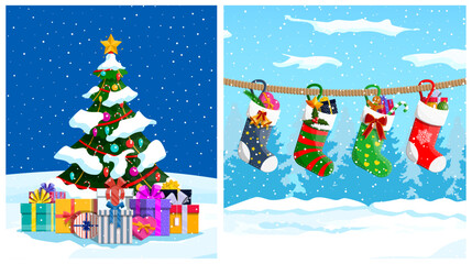 Christmas tree with gifts and hanging stockings in winter landscape. Holiday celebration and New Year decoration.