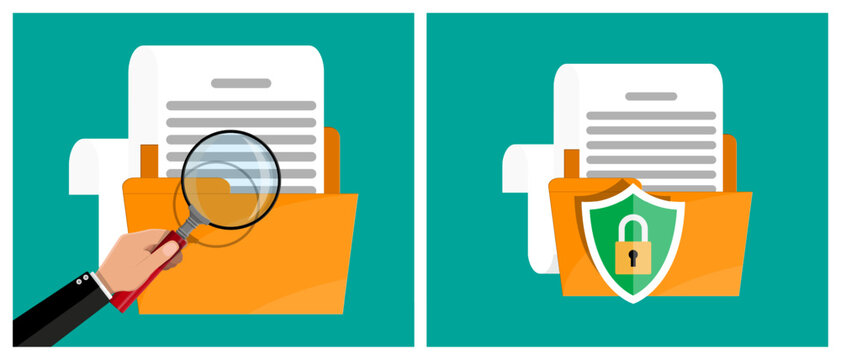 Man investigating document in folder and file security concept with shield padlock. Data protection and privacy.
