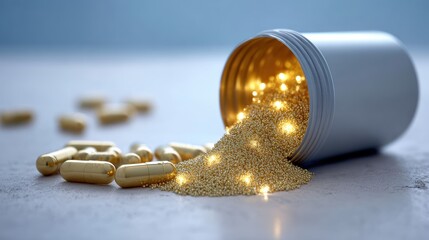 An overturned bottle spills golden capsules releasing a cascade of golden granules that sparkle with light onto the