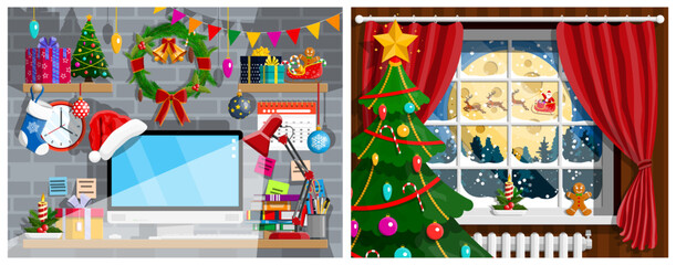 Christmas office desk and a window view of Santa Claus with reindeer. Winter holiday celebration at work. Home space xmas decoration concept.