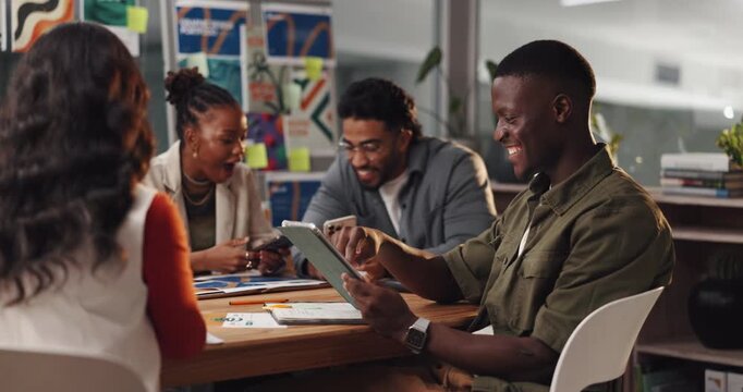 Man, smile and tablet in office for meeting, creativity or brainstorming with design team. Project manager, technology and scroll in agency for proposal process, feedback or web campaign agenda