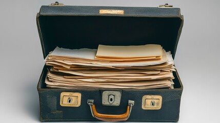 Briefcase overflowing with assorted documents in a professional setting during daylight hours