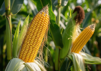 Close up of ripe yellow corn cobs growing in a field