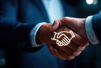 Close-up of two people in suits shaking hands, with a glowing handshake graphic overlaid