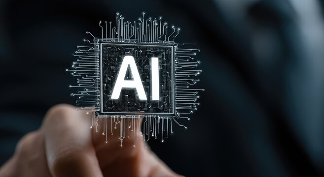 Hand pointing at a glowing AI chip graphic