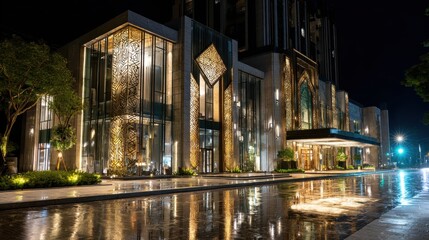 Modern luxury hotel entrance at night with reflections
