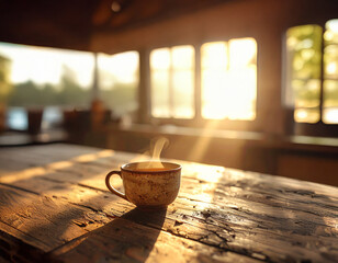 Rustic Ceramic Tea Cup on Wooden Table in Warm Morning Light
