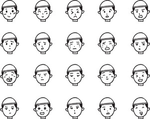 Set facial expressions muslim child boy vector outline cartoon chibi illustration art bundle