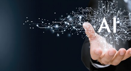 Hand holding AI concept with circuit overlay