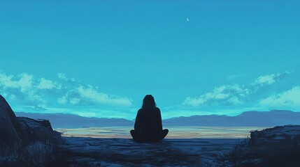 Person gazes at distant horizon in solitude, heavy with sadness at twilight by the open sea