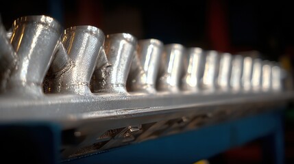 Row of shiny metallic funnel shaped industrial parts lined up on a gray platform showing the texture and details of the
