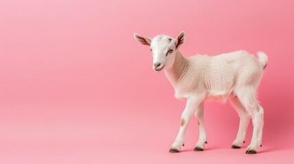 Fototapeta premium Cute White Baby Goat Standing on Pink Background in Studio Setting