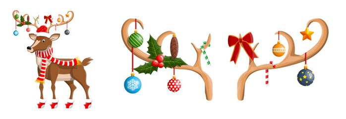 Reindeer with Santa hat and scarf, and decorated antlers. Christmas holiday character with festive ornament and winter accessory for greeting card.