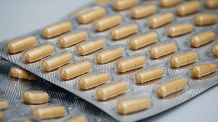 Close up shows multiple rows of pharmaceutical capsules in a foil blister pack The capsules are light brown and arranged