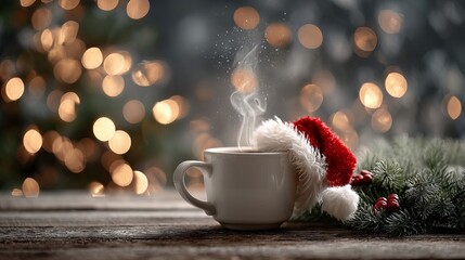 Cozy winter scene — white mug of steaming hot drink with mini Santa hat and fir wreath on a rustic wooden table, warm golden bokeh lights in the background; festive Christmas home décor vibe