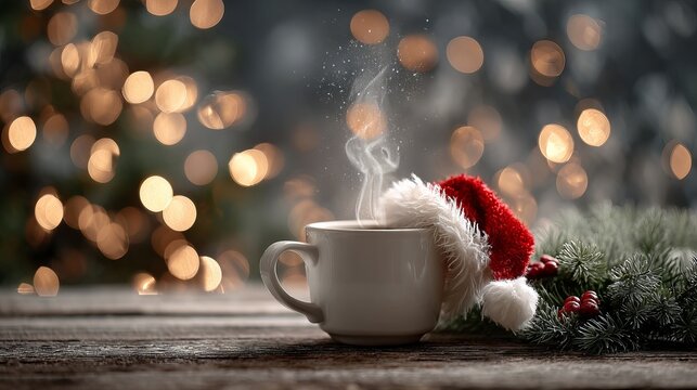 Cozy winter scene — white mug of steaming hot drink with mini Santa hat and fir wreath on a rustic wooden table, warm golden bokeh lights in the background; festive Christmas home décor vibe