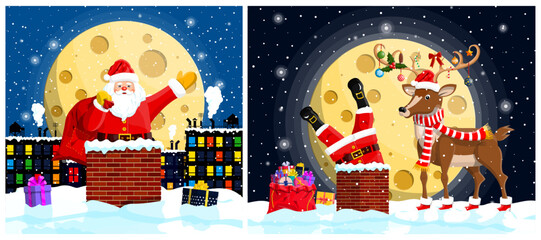 Happy Santa Claus and funny deer. Christmas night city and full moon holiday illustration for greeting card, banner, poster, flyer.