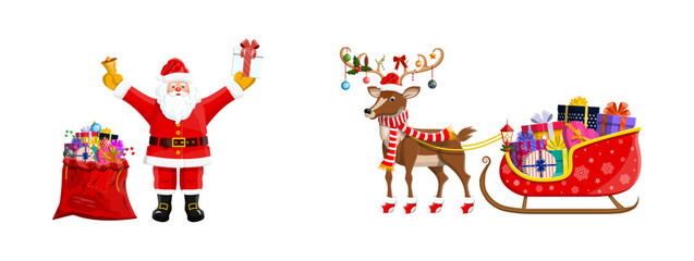 Man Santa Claus with a gift in his hand and a bag of presents. Reindeer with Santa hat and sleigh with gifts. Christmas holiday concept.